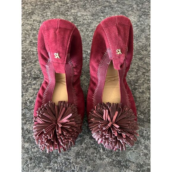 NWOB Yosi Samra burgundy suede Sammie pom foldable ballet flats sz 7 - Picture 6 of 7